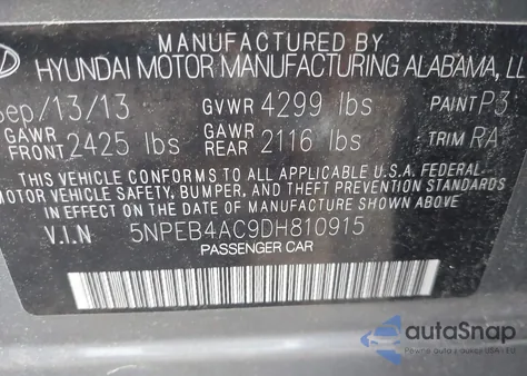 2013 Hyundai Sonata Gls из США, поврежденный, VIN 5NPEB4AC9DH810915